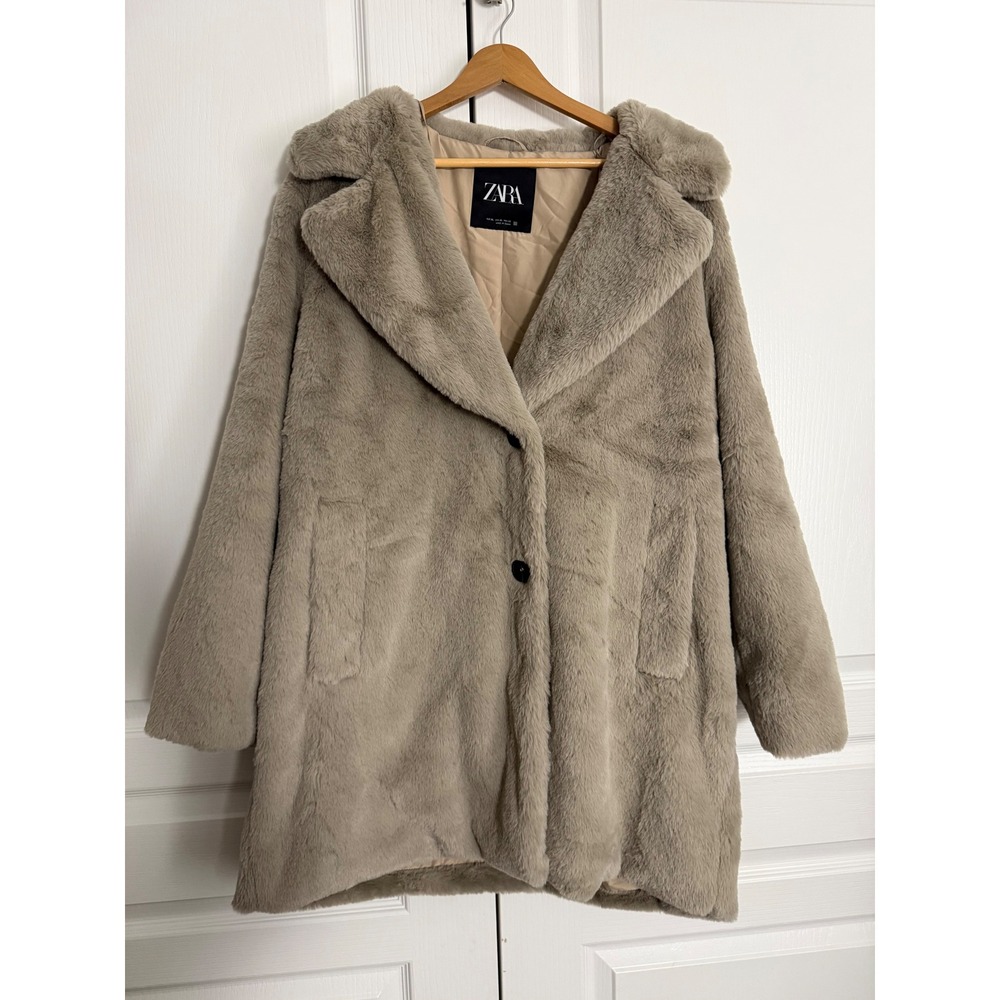 Zara XL Beige Taupe Faux Fur Teddy Coat Oversized Longline Plush Jacket